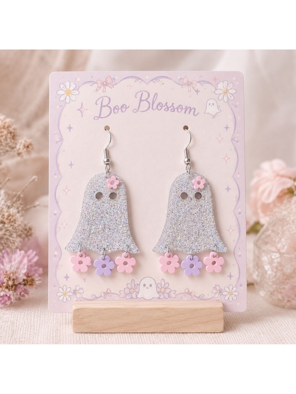 Glitter Ghost Flower Dangle Earrings Kawaii Cute Halloween Jewelry